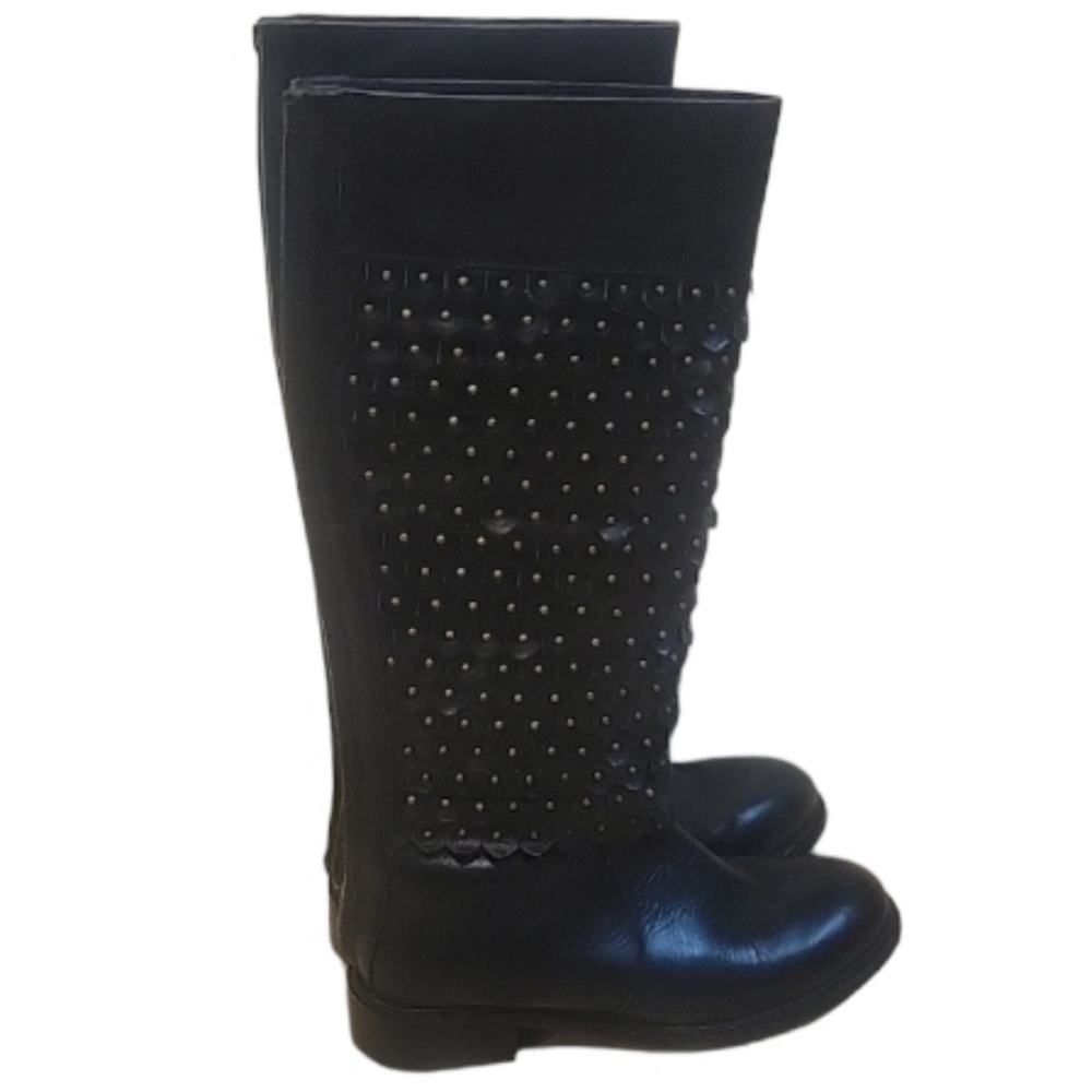 LUI CHUNG Black Leather Scallop Studded Tall Gladiator Style Boots 8.
